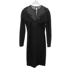 Carmen Marco Valvo for Caché Black Mesh Beaded Long Sleeve Dress Small